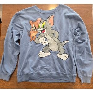 Tom and Jerry Graphic Sweatshirt Blue Crewneck Pullover Womens Large Cartoon